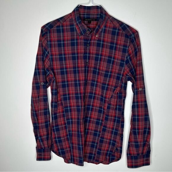 John Varvatos Small Red-Navy Plaid Long Sleeve Shirt - Picture 4 of 7